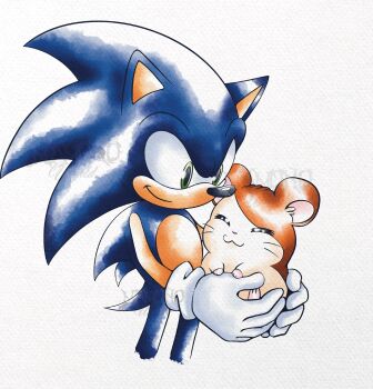 Rule 34 | :3, blue fur, blue hair, crossover, gloves, green eyes, hamster, hamtaro, hamtaro (series), hedgehog, mamonoworld, orange fur, orange hair, sega, smile, sonic (series), sonic the hedgehog, spiked hair, spikes, tms entertainment