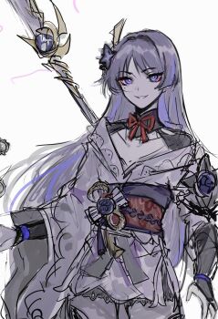 1boy alternate_hair_length alternate_hairstyle armor arms_at_sides black_shrug bright_pupils chinese_knot choppy_bangs collarbone cosplay crossdressing crossdressing_(mtf) engulfing_lightning_(genshin_impact) eyelashes eyeliner eyeshadow flower gem genshin_impact hair_flower hair_intakes hair_ornament highres japanese_armor japanese_clothes kimono kimono_skirt kote kurokote lingerie long_sleeves looking_at_viewer makeup male_focus mole mole_under_eye multicolored_hair naginata obi obiage obijime off_shoulder open_mouth polearm purple_electricity purple_eyes purple_flower purple_gemstone purple_hair purple_kimono purple_sleeves raiden_shogun raiden_shogun_(cosplay) red_eyeliner red_eyeshadow sash scaramouche_(genshin_impact) sgm618 shrug_(clothing) single_sode sketch smirk solo streaked_hair tsurime underwear vision_(genshin_impact) weapon weapon_on_back white_background white_mouth white_pupils wide_sleeves