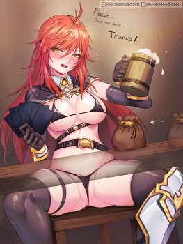 Rule 34 | 1girl, ahoge, armor, belt, bouncing breasts, bra, breasts, cape, cermia (epic seven), cleft of venus, cup, elbow gloves, english text, epic seven, female focus, gloves, mug, panties, rebe11, red eyes, red hair, solo, spread legs, thighhighs, underwear, underwear only, wedgie