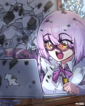 Rule 34 | 1boy, 1girl, bob cut, boxcutter, computer, crack, cracked wall, debris, false smile, gao ex kaiser, glasses, gridman (character), gridman (ssss), gridman universe, highres, holding, holding boxcutter, jacket, laptop, medium hair, off shoulder, punching, purple hair, purple jacket, red eyes, school uniform, shinjou akane, shirt, smile, solo focus, ssss.gridman, table, white shirt