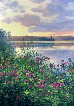 cloud cloudy_sky commentary english_commentary flower highres kate_avery lake no_humans oil_painting_(medium) orange_sky original outdoors painting_(medium) purple_flower scenery sky traditional_media