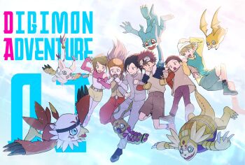 Rule 34 | armadillo, armadimon, beak, bird, black eyes, black hair, blonde hair, blue eyes, blue jacket, body fur, brown eyes, brown hair, bug, cat, copyright name, detached sleeves, digimon, digimon adventure 02, dragon, falling, flame print, green shirt, green shorts, group picture, hawkmon, head wings, hida iori, ichijouji ken, inoue miyako, jacket, long hair, motomiya daisuke, patamon, pink sleeves, print jacket, purple hair, red jacket, shirt, short hair, shorts, sleeveless, sleeveless shirt, tailmon, takaishi takeru, talons, v-mon, white fur, wings, wormmon, yagami hikari, yellow shirt, yellow shorts, yuu (pixiv3042074)
