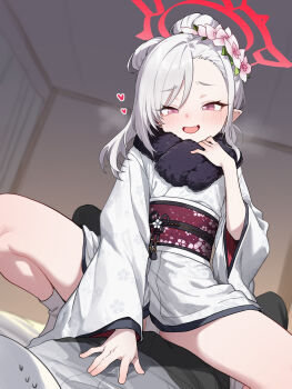 1boy 1girl blue_archive fang flower fur-trimmed_kimono fur_trim girl_on_top hair_flower hair_ornament halo heoningu highres indoors japanese_clothes kimono loli mutsuki_(blue_archive) mutsuki_(new_year)_(blue_archive) open_mouth panties pink_halo purple_eyes sensei_(blue_archive) sitting sitting_on_person skin_fang solo_focus spread_legs underwear white_hair white_kimono white_panties