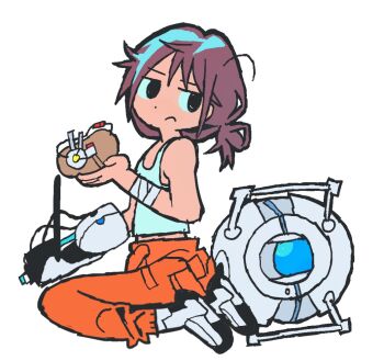 aperture_science_handheld_portal_device bandaid bandaid_on_arm chell glados jumpsuit long_fall_boots_(portal) melps orange_jumpsuit personality_core portal portal_(series) portal_2 potato wheatley white_background