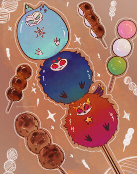 3boys andrealphus_(helluva_boss) bird bird_boy blue_eyes blue_feathers demon_boy extra_eyes feathers grey_feathers hellaverse helluva_boss highres multiple_boys owl owl_boy red_eyes red_feathers rzps3455 sitting stolas_(helluva_boss) vassago_(helluva_boss)