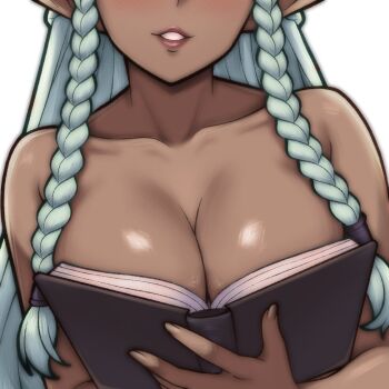 1girl boobs_in_book_(meme) book braid braided_sidelock breasts dark-skinned_female dark_skin eyes_out_of_frame facing_viewer head_out_of_frame holding holding_book lips long_hair medium_breasts meme open_book parted_lips pointy_ears rosalinde_(unicorn_overlord) rotomdocs simple_background smile solo unicorn_overlord upper_body very_long_hair white_background white_hair