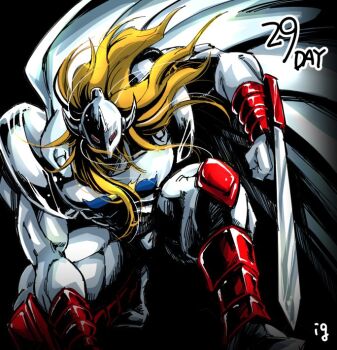 Rule 34 | 1boy, akuma shogun, artist request, cape, clenched hand, full body, kinnikuman, knees up, long hair, looking at viewer, muscular, no humans, simple background, squatting, sword, weapon