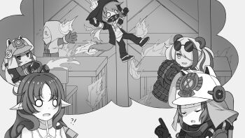 animal_ear_helmet animal_ears animal_helmet arknights burning crownslayer_(arknights) feater_(arknights) fire firefighter firefighter_jacket flashback greyscale grover.y hair_over_one_eye helmet highres hose jacket monochrome multiple_girls panda_ears reunion_soldier_(arknights) shaw_(arknights) squirrel_tail sunglasses_on_head tail