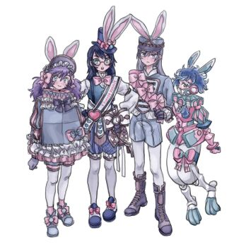 4girls :o ancosugar animal_ears animal_legs black_gloves bloomers blue_eyes blue_hair blue_hat blue_shoes blue_vest blush bonnet bow bowtie choppy_bangs commentary deuce_spade deuce_spade_(rabbit_costume) dress epel_felmier epel_felmier_(rabbit_costume) expressionless fake_animal_ears footwear_bow frilled_bonnet frilled_dress frilled_shirt_collar frills fringe_trim full_body genderswap genderswap_(mtf) glasses gloves gold_trim grey_eyes grey_hair group_picture hair_between_eyes hair_bow hat heart highres joints long_hair long_sleeves looking_at_viewer mandarin_collar mask multicolored_shoes multiple_girls neck_ruff open_mouth ortho_shroud ortho_shroud_(rabbit_gear) pantyhose pink_bow pink_bowtie pink_vest pocket_watch puff_and_slash_sleeves puffy_long_sleeves puffy_shorts puffy_sleeves purple_bonnet purple_bow purple_bowtie purple_hair queendom_of_roses'_white_rabbit_fes rabbit_ears raised_eyebrows respirator robot_joints round_eyewear sash shirt shoes short_hair shorts shoulder_sash side-by-side sideways_glance silver_trim silver_vanrouge silver_vanrouge_(rabbit_costume) simple_background sleeve_cuffs sleeve_garter smile straight_hair suspenders swept_bangs teeth thigh_bow thigh_strap thighhighs toggles twintails twisted_wonderland two-tone_hat two-tone_shoes underwear upper_teeth_only vest waistcoat watch wavy_hair white_background white_pantyhose white_shirt white_shoes white_thighhighs yellow_eyes