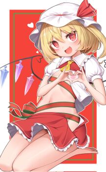 1girl :d barefoot blonde_hair breasts commentary_request crystal_wings fang flandre_scarlet frills harunoha hat heart heart_hands heart_pasties highres looking_at_viewer medium_hair midriff mob_cap navel open_clothes open_mouth open_shirt panties pantyshot pasties red_eyes red_panties red_skirt red_vest seiza shirt short_sleeves side_ponytail sitting skin_fang skirt slit_pupils small_breasts smile solo thighs touhou underwear vest vest_lift white_shirt wings