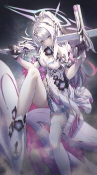 Rule 34 | + +, 1girl, absurdres, asymmetrical dual wielding, bare shoulders, black flower, black gloves, blush, breasts, cleavage, cleavage cutout, closed mouth, clothing cutout, detached sleeves, dress, dual wielding, eyelashes, flower, frilled dress, frilled sleeves, frills, gloves, gradient hair, grey background, grey eyes, gun, hair between eyes, hair ornament, handgun, hands up, head tilt, high ponytail, highres, holding, holding gun, holding sword, holding weapon, honkai (series), honkai impact 3rd, kiana kaslana, kiana kaslana (herrscher of finality), knee up, long hair, medium breasts, multicolored hair, neon (pixiv 31150749), over shoulder, pink hair, ponytail, serious, sidelocks, single thighhigh, sitting, sleeveless, sleeveless dress, solo, star-shaped pupils, star (symbol), sword, sword over shoulder, symbol-shaped pupils, thighhighs, weapon, weapon over shoulder, white dress, white hair, white thighhighs