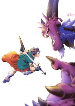 2boys aqua_robe armlet bad_arm bandaged_leg bandages black_gloves black_horns blue_eyes blue_facial_hair brown_shoes choker claws colored_sclera colored_skin colored_tongue commentary_request disembodied_hand dragon_quest dragon_quest_vi facial_hair fighting floating_head gloves gold_armlet gold_choker hero_(dq6) highres holding holding_sheath holding_sword holding_weapon horns jewelry looking_at_another male_focus monster mortamor multiple_boys muscular muscular_male open_mouth orange_robe pink_skin pointy_ears profile purple_hair purple_tongue robe sharp_teeth shey93735903 shoes short_hair single_bang slit_pupils spiked_hair sword teeth weapon white_background yellow_sclera