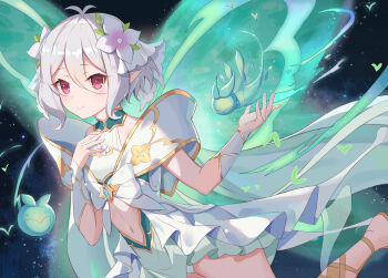 1girl antenna_hair bare_shoulders blush breasts closed_mouth clothing_cutout cowboy_shot creature dress elf flower green_dress hair_between_eyes hair_flower hair_ornament halterneck hand_on_own_chest hand_up highres kokkoro_(princess)_(princess_connect!) kokkoro_(princess_connect!) looking_at_viewer md5_mismatch navel navel_cutout night off-shoulder_dress off_shoulder panties pantyshot pink_eyes pointy_ears princess_connect! resolution_mismatch revision serika short_hair sidelocks sky sleeveless sleeveless_dress small_breasts smile solo source_larger underwear veil white_flower white_hair white_panties wings