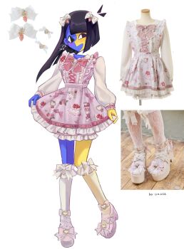 1girl alternate_costume black_eyes black_hair blue_skin blunt_bangs colored_skin ena_(ena) ena_(series) ena_(species) ena_(web_series) floating_head happy_ena highres long_hair low_poly multicolored_skin open_mouth photo-referenced photo_inset reference_inset simple_background smile solo split-color_skin two-tone_skin usagimarumei yellow_skin