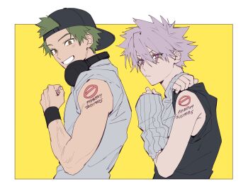 2boys arm_tattoo backwards_hat baseball_cap black_shirt border brown_eyes closed_mouth commentary cross_scar detached_sleeves from_side green_hair grey_shirt grin hat headphones headphones_around_neck height_difference highres kanzaki_kaoru kaohom503_2 kotaro_tamon looking_at_viewer male_focus multiple_boys outside_border phantom_busters purple_eyes scar scar_across_eye scar_on_face shirt short_hair sleeves_pushed_up smile symbol-only_commentary tattoo text_tattoo white_border wristband yellow_background