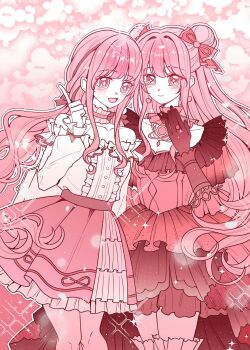 Rule 34 | + +, 2girls, absurdres, artist request, bare shoulders, belt, black belt, black bow, black choker, black gloves, black ribbon, bow, bright pupils, brown eyes, buttons, center frills, chinese commentary, choker, collarbone, commentary request, cowboy shot, double bun, dress, dual persona, flower-shaped pupils, frilled choker, frilled dress, frilled shirt, frilled skirt, frilled sleeves, frilled thigh strap, frills, gloves, gown, hair bobbles, hair bow, hair bun, hair intakes, hair ornament, hair ribbon, happy, highres, infinity nikki, jewelry, layered skirt, light particles, long dress, long hair, long sidelocks, long sleeves, looking at viewer, low twintails, miniskirt, multiple girls, necklace, nikki (nikki), nikki (series), off-shoulder shirt, off shoulder, outline, perfect start (infinity nikki), pink background, pink choker, pink hair, pink ribbon, pink skirt, pleated skirt, pointing, pointing up, puffy long sleeves, puffy sleeves, red bow, red dress, ribbon, ring, second-party source, shirt, sidelocks, skirt, sleeve bow, sleeves past wrists, sparkle, sparkling eyes, standing, symbol-shaped pupils, thigh strap, threads of reunion (infinity nikki), tress ribbon, twintails, very long hair, wavy hair, white outline, white pupils, white ribbon, white shirt, white skirt