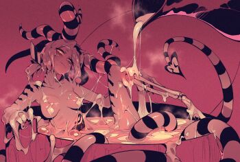 1girl :p bags_under_eyes bathing bone breasts demon_girl demon_tail female_focus highres horns karasu_raven melting monster_girl nude original short_hair slime solo suggestive_fluid tail tongue tongue_out