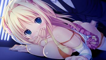 10s 1boy 1girl against_wall bent_over blazer blonde_hair blue_eyes blush breast_press breasts censored covering_own_mouth formal_clothes game_cg hair_ribbon hand_in_mouth hetero highres jacket kagurazaka_namine koutaro large_breasts long_hair looking_back mosaic_censoring necktie orange_panties panties panties_around_leg penis protagonist_(tropical_vacation) pussy_juice ribbon sex solo_focus suit thighhighs tropical_kiss tropical_vacation twinkle_(company) two_side_up underwear vaginal white_thighhighs