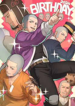 1boy beetle belt birthday black_hat black_pants brown_belt bug buzz_cut commentary facial_hair foxvulpine goatee golden_kamuy grey_hair hat highres insect japanese_clothes long_sleeves male_focus multiple_views one_eye_closed pants pectorals pointing pointing_forward shiraishi_yoshitake shirt short_hair sideburns sparkle tanuki very_short_hair white_shirt