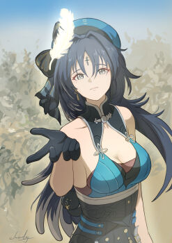1girl absurdres bare_shoulders beret black_eyes black_gloves black_hair black_skirt blue_hat blue_shirt breasts chucky_(chucky1000sun) cleavage commentary feather_hair feathers gloves hand_up hat high-waist_skirt highres long_hair medium_breasts pangu_terminal_(wuthering_waves) parted_lips shirt signature skirt solo tacet_mark_(wuthering_waves) white_feathers wuthering_waves yangyang_(wuthering_waves)