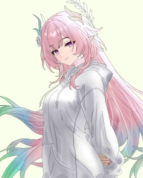 1girl absurdres alternate_costume arms_behind_back breasts closed_mouth colored_tips commentary_request cyrene_(honkai:_star_rail) cyrene_(ripples_of_past_reverie)_(honkai:_star_rail) diamond-shaped_pupils diamond_(shape) fingernails flower from_side gradient_hair hair_flower hair_ornament highres honkai:_star_rail honkai_(series) hood hood_down hoodie long_hair looking_at_viewer medium_breasts multicolored_hair nail_polish pink_hair pink_nails pointy_ears purple_eyes rose sidelocks simple_background smile solo symbol-shaped_pupils very_long_hair wanikani_(cradile) white_flower white_hoodie white_rose yellow_background