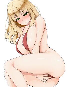 1girl blonde_hair blush breasts closed_mouth collarbone commentary_request female_masturbation hinata_masaki large_breasts long_hair lying masturbation masturbation_through_clothes on_side original red_slingshot_swimsuit simple_background slingshot_swimsuit solo swimsuit thighs white_background