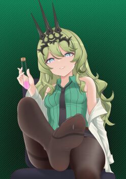 1girl absurdres black_necktie black_pantyhose black_skirt breasts chinese_commentary coat commentary_request feet foot_focus green_background green_hair green_shirt highres holding holding_test_tube honkai_(series) honkai_impact_3rd lab_coat long_hair looking_at_viewer miniskirt mobius_(honkai_impact) mobius_(pre-surgery)_(honkai_impact) necktie no_shoes pantyhose parted_lips sasaki3rd shirt sitting skirt slit_pupils small_breasts soles solo test_tube toes variant_set very_long_hair white_coat