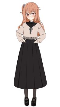 Rule 34 | 1girl, alternate costume, black shirt, black shoes, black skirt, blue scrunchie, blush, closed mouth, collared shirt, commentary request, crossed bangs, full body, hair between eyes, hair ornament, hair scrunchie, hands on own hips, highres, inaba meguru, long hair, long skirt, looking at viewer, one side up, orange hair, pleated skirt, red eyes, sanoba witch, scrunchie, shirt, shoes, sidelocks, simple background, skirt, sleeves past wrists, smile, solo, split mouth, standing, tft (tft7822), white background