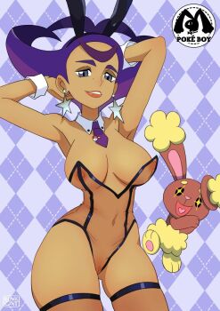 1girl ahoge animal_ear_hairband animal_ears armpits arms_behind_head artist_name black_hairband black_leotard blackcatart blue_background blue_eyes breasts buneary clitoris collar cowboy_shot curvy dark-skinned_female dark_skin detached_collar earrings fake_animal_ears gen_4_pokemon grin hairband jewelry large_breasts leotard lips lipstick looking_at_another looking_at_viewer makeup mature_female navel necktie nintendo nipples olympia_(pokemon) parted_lips playboy_bunny pokemon pokemon_(creature) pokemon_x_and_y purple_hair purple_necktie pussy rabbit_ears red_lips see-through_clothes see-through_leotard short_hair short_necktie simple_background skindentation smile solo_focus standing star_(symbol) star_earrings strapless strapless_leotard teeth thigh_strap thighs uncensored watermark white_collar wide_hips wrist_cuffs