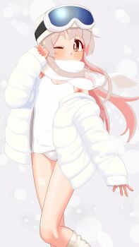 1girl ;) absurdres armpit_crease bare_legs blush brown_eyes coat colored_inner_hair commentary down_coat flat_chest goggles goggles_on_head grey_background grey_hair happyundergate hat highres long_hair long_sleeves looking_at_viewer multicolored_hair one-piece_swimsuit one_eye_closed onii-chan_wa_oshimai! open_clothes open_coat oyama_mahiro pink_hair scarf sidelocks simple_background single_off_shoulder ski_goggles skiing sleeves_past_wrists smile snowing solo swimsuit two-tone_hair white_coat white_hat white_one-piece_swimsuit white_scarf
