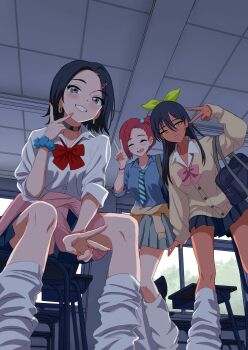 3girls absurdres amate_yuzuriha black_hair blue_necktie blue_skirt bow bowtie clothes_around_waist commentary_request comoli_harcourt dark-skinned_female dark_skin double_v from_below gundam gundam_gquuuuuux gyaru highres jacket jacket_around_waist kinomiki kogal loose_socks multiple_girls necktie nyaan_(gundam_gquuuuuux) pink_bow pink_bowtie red_bow red_bowtie red_hair school_uniform shirt skirt socks sweater sweater_around_waist v white_shirt