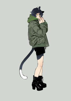 1girl absurdres animal_ears black_boots black_hair black_shorts black_tail boots cat_ears cat_girl cat_tail closed_mouth commentary_request daki_daily dungeon_meshi from_side full_body green_background green_hood green_jacket highres izutsumi jacket korean_commentary scarf short_hair shorts simple_background standing tail two-tone_tail white_tail yellow_eyes
