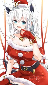 1girl absurdres ahoge alternate_costume animal_ears aqua_eyes belt black_belt breasts commentary dress fang fox_ears fox_girl fox_tail fur-trimmed_dress fur-trimmed_headwear fur_trim gloves hat highres hololive long_hair looking_at_viewer medium_breasts open_mouth red_dress red_gloves red_hat red_thighhighs shirakami_fubuki skin_fang smile solo tail thighhighs u_da_desu virtual_youtuber white_hair