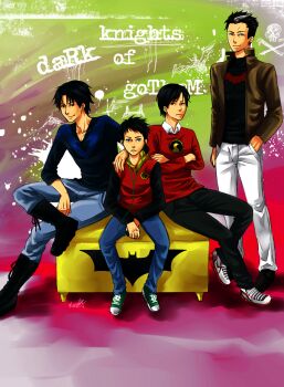 4boys adapted_costume bat_(symbol) batman_(series) black_hair boots brothers converse crossed_arms damian_wayne dc_comics denim dick_grayson emblem family green_footwear hand_in_pocket headphones highres hood hoodie jacket jason_todd jeans lace-up_boots leather leather_jacket male_focus multicolored_hair multiple_boys nightwing pants red_hood_(dc) red_robin robin_(dc) shoes siblings sitting skull_and_crossbones sneakers sweater tim_drake two-tone_hair white_footwear white_pants