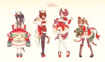 4girls absurdres agnes_tachyon_(umamusume) ahoge alternate_costume arm_under_breasts arm_warmers bag black_boots black_hair black_pantyhose boots bow box brown_hair cafetakki_uma dantsu_flame_(umamusume) dress drill drill_hair drill_sidelocks ear_bow eye_contact fur-trimmed_arm_warmers fur-trimmed_dress fur_trim gift_bag gloves hair_between_eyes hand_up high_heels high_ponytail highres holding holding_bag holding_box holding_snow_globe holding_stuffed_toy jungle_pocket_(umamusume) leaning_forward long_hair long_hair_between_eyes long_sleeves looking_at_another manhattan_cafe_(umamusume) merry_christmas multicolored_boots multicolored_hair multiple_girls one_side_up open_mouth pantyhose plaid_clothes plaid_dress ponytail ray_(aotu_world) red_boots red_bow red_dress red_gloves red_shoes santa_costume santa_dress shirt shoes short_hair short_shorts shorts sidelocks simple_background snow_globe stuffed_animal stuffed_horse stuffed_toy thigh_bow thigh_strap thighhighs two-tone_boots umamusume very_long_hair white_background white_hair white_shirt white_shorts yellow_eyes zettai_ryouiki