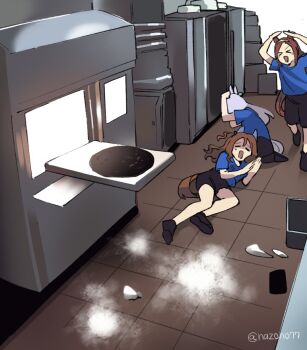 Rule 34 | 3girls, ai-generated art (topic), animal ears, black shoes, black shorts, blue shirt, breasts, broken plate, brown hair, burnt food, commentary request, cowering, domino's pizza, domino's pizza ai images (meme), flour, food, hairband, horse ears, horse girl, horse tail, king halo (umamusume), kitchen, long hair, mejiro mcqueen (umamusume), meme, multiple girls, nazono77, one side up, oven, pizza, plate, purple hair, sakura bakushin o (umamusume), shirt, shoes, shorts, tail, tile floor, tiles, twitter username, umamusume, wavy hair