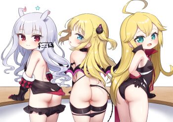 3girls :d ahoge ass bikini bikini_bottom_pull bikini_skirt black_bikini black_gloves black_leotard black_tail blonde_hair blue_eyes boku_wa_tomodachi_ga_sukunai cleft_of_venus closed_mouth clothing_aside commentary_request commission crossover demon_tail doronjo from_behind gloves green_eyes grey_hair hasegawa_kobato hoshimiya_kate huge_ahoge kokone_(coconeeeco) leopard_(yatterman) leotard leotard_aside loli long_hair looking_back multiple_girls naruse_maria open_mouth paid_reward_available pussy red_eyes sekai_seifuku:_bouryaku_no_zvezda shinmai_maou_no_testament skeb_commission smile strapless strapless_leotard swimsuit tail time_bokan_(series) trait_connection two_side_up uncensored venera-sama yatterman yoru_no_yatterman