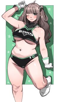 1girl arm_up black_shirt black_shorts blush breasts brown_eyes brown_hair cleavage crop_top gloves gluteal_fold green_background hair_tie large_breasts long_hair navel one_eye_closed original plump shirt shoes short_shorts shorts sleeveless sleeveless_shirt smile solo standing standing_on_one_leg twintails underboob utoka white_gloves white_shoes wink