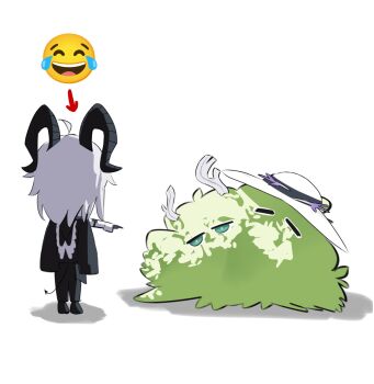 3girls ahoge black_horns black_jacket black_pants black_tail bush ciaccona_(wuthering_waves) commentary cryne curled_horns demon_tail emoji english_commentary green_eyes hat hide_and_seek highres horns jacket long_hair multiple_girls pants phoebe_(wuthering_waves) pointing pointing_at_another simple_background tail tree_horns white_background white_hat wuthering_waves zani_(wuthering_waves)