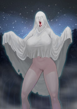 1girl :o adoohay artist_name breasts commentary english_commentary feet_out_of_frame forest ghost_costume hands_up highres huge_breasts naked_costume nature navel night night_sky open_mouth original outdoors pussy sheet_ghost sky teeth tongue tongue_out tree upper_teeth_only
