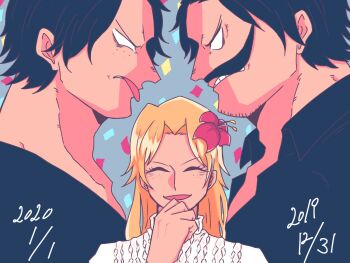 1girl 2boys alternate_universe beard_stubble black_hair black_shirt blonde_hair commentary_request confrontation dated facial_hair family flower freckles gol_d._roger hair_flower hair_ornament hibiscus highres multiple_boys mustache one_piece portgas_d._ace portgas_d._rouge profile ryu_(ry_u2851) shirt stubble tongue tongue_out turtleneck