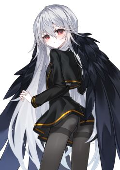 1girl angel_wings ass black_jacket black_pantyhose black_skirt black_wings blush breasts commentary_request fallen_angel from_behind highres ikex3f jacket long_hair looking_at_viewer looking_back open_mouth original panties panties_under_pantyhose pantyhose red_eyes simple_background skirt small_breasts solo underwear very_long_hair white_background white_hair wings