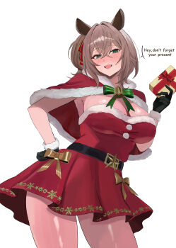 1girl absurdres alternate_costume black_gloves breasts brown_hair capelet christmas_present commentary dress english_commentary fur-trimmed_capelet fur-trimmed_dress fur-trimmed_gloves fur_trim gift gloves green_eyes hand_on_own_hip highres holding holding_gift indie_virtual_youtuber large_breasts looking_at_viewer miko_4013 nimi_nightmare open_mouth red_capelet red_eyes santa_costume santa_dress smile solo virtual_youtuber white_background