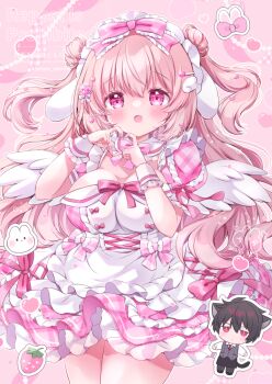 1boy 1girl animal_ears apron black_apron black_hair black_pants bow breasts cat_boy cat_ears cat_tail chibi chibi_inset chiika_(cure_cherish) closed_mouth cowboy_shot detached_collar dress expressionless grey_vest hair_bow hair_bun hair_ornament hairclip heart heart_hair_ornament heart_hands heart_hands_duo jitome large_breasts long_hair lop_rabbit_ears maid_apron original paid_reward_available pants pink_background pink_bow pink_dress pink_hair pink_theme plaid_clothes plaid_dress puffy_short_sleeves puffy_sleeves rabbit_ears red_eyes shirt short_sleeves tail tia_(chiika_cure_cherish) two_side_up vest watermark white_apron white_shirt wing_hair_ornament