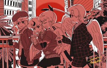 4girls absurdres angel_wings beret black_jacket black_skirt black_vest braid chiyo_(love-bullet) crepe cup ena_(love-bullet) food grid_print hat highres holding holding_crepe holding_cup holding_food jacket kanna_(love-bullet) koharu_(love-bullet) kuang4999632924 looking_at_another love-bullet low_twin_braids monochrome multiple_girls open_mouth ponytail red_theme shirt short_twintails skirt smile twin_braids twintails vest walking white_shirt wings