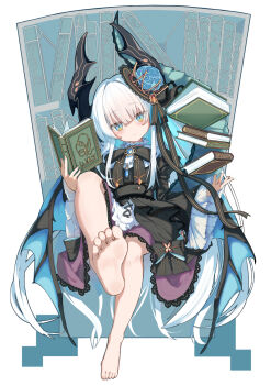 1girl barefoot black_bow black_bowtie black_dress black_hat black_horns black_wings blue_eyes blue_flower blue_hair book book_stack bow bowtie colored_inner_hair commentary_request demon_girl demon_horns demon_wings dress feet flower foot_focus full_body hat hat_flower head_tilt highres holding holding_book horns invisible_chair juliet_sleeves liber_(twinkle_star_knights) long_hair long_sleeves looking_at_viewer low_wings multicolored_eyes multicolored_hair open_book presenting_foot puffy_sleeves sidelocks sitting soles solo tian_sheng tilted_headwear twinkle_star_knights two-tone_eyes two-tone_hair very_long_hair white_hair wide_sleeves wings yellow_eyes
