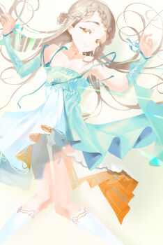 Rule 34 | 1girl, absurdres, bare shoulders, braid, detached sleeves, dress, flat chest, floating hair, gakuen idolmaster, grey hair, highres, idolmaster, light smile, long hair, looking at viewer, orange eyes, shinosawa hiro, solo, superhoikoro