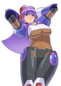 1girl android arms_behind_head breasts capcom cropped_legs dark-skinned_female dark_skin green_eyes headgear highres hime_cut hypericum_(mppv1862) joints large_breasts layer_(mega_man) long_hair looking_at_viewer mega_man_(series) mega_man_x8 mega_man_x_(series) midriff purple_hair robot_ears robot_joints simple_background solo standing underboob