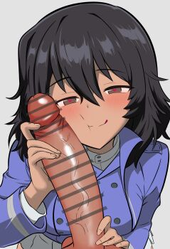 1boy 1girl andou_(girls_und_panzer) bar_censor bc_freedom_military_uniform black_hair blush breasts brown_eyes censored girls_und_panzer heart heart-shaped_pupils heart_in_eye large_breasts looking_at_viewer military military_uniform penis penis_on_face short_hair simple_background smile symbol-shaped_pupils symbol_in_eye user_wxuh7854 white_background