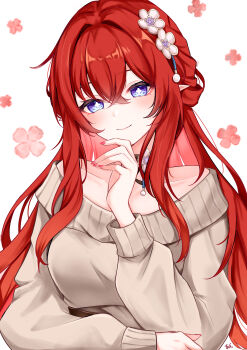 1girl absurdres bare_shoulders brown_sweater closed_mouth collared_sweater commentary_request cross-shaped_pupils flower_hairpin hair_between_eyes hair_ornament highres honkai:_star_rail honkai_(series) long_hair long_sleeves off-shoulder_sweater off_shoulder pointy_ears red_hair red_nails smile solo sweater symbol-shaped_pupils tiizumaru98 tribios_(honkai:_star_rail) upper_body very_long_hair